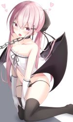 Rule 34 | 1girl, bare shoulders, black panties, black thighhighs, breasts, chain, cleavage, collar, collarbone, commentary request, cross, demon girl, demon wings, doyachii, frills, gloves, groin, hair ribbon, heart, heart-shaped pupils, highres, kneeling, long hair, looking at viewer, navel, no pants, no shoes, original, panties, pink hair, red eyes, ribbon, shirt, small breasts, solo, strapless, symbol-shaped pupils, thighhighs, twintails, underwear, white gloves, white shirt, wings