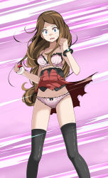 Rule 34 | 1girl, black thighhighs, blue eyes, bra, bracelet, breasts, brown hair, collarbone, creatures (company), floating hair, game freak, high-waist skirt, highres, holding, holding poke ball, jewelry, long hair, looking at viewer, medium breasts, miniskirt, motion blur, nintendo, open mouth, panties, parted bangs, pink bra, pink panties, poke ball, pokemon, pokemon xy, purple background, red skirt, scared, serena (pokemon), shiny clothes, shiny legwear, skirt, solo, standing, sweatdrop, tearing clothes, thighhighs, torn clothes, torn skirt, tsukishiro saika, underwear, very long hair
