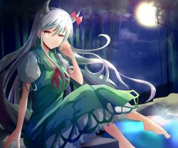 Rule 34 | 1girl, bad id, bad pixiv id, bamboo, bamboo forest, barefoot, breasts, cloud, dress, ex-keine, forest, full moon, hand up, hizagawa rau, horn ornament, horn ribbon, horns, kamishirasawa keine, long hair, looking at viewer, moon, multicolored hair, nature, night, outdoors, parted lips, puffy short sleeves, puffy sleeves, red eyes, ribbon, short sleeves, sitting, solo, tail, touhou, two-tone hair, very long hair, water