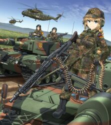 Rule 34 | 1girl, 2boys, = =, absurdres, aircraft, ammunition, ammunition belt, belt-fed, beret, black eyes, black footwear, black gloves, black hair, blonde hair, blue eyes, blue headwear, blue sky, boots, braid, braided ponytail, breasts, bullet, bundeswehr, camouflage, camouflage headwear, camouflage jacket, camouflage pants, cargo pants, caterpillar tracks, ch-53, closed eyes, closed mouth, cloud, collared shirt, combat boots, commentary request, cross, cross-laced footwear, day, dirt road, eurocopter ec145, flower, fn mag, general-purpose machine gun, german army, german flag, germany, gloves, grass, green eyes, green shirt, gun, hat, headlight, headset, helicopter, highres, holding, holding gun, holding weapon, insignia, iron cross, jacket, leopard 2, license plate, looking ahead, looking at viewer, machine gun, medium breasts, mg3, mikeran (mikelan), military, military vehicle, motor vehicle, mountainous horizon, multiple boys, original, outdoors, pants, radio antenna, red flower, road, roundel, shadow, shirt, short hair, side-view mirror, sky, sleeves rolled up, smile, soldier, split mouth, standing, tank, v-shaped eyebrows, weapon, white flower, yellow flower