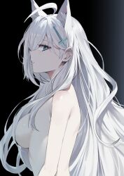 Rule 34 | 1girl, absurdres, ahoge, animal ear fluff, animal ears, bare arms, bare shoulders, black background, blue archive, blue eyes, breasts, bright pupils, completely nude, cross, cross hair ornament, from side, gradient background, grey hair, hair ornament, highres, inverted cross, long hair, medium breasts, nude, seizou hidzuke, shiroko (blue archive), shiroko terror (blue archive), sideways mouth, solo, upper body, white pupils, wolf ears, wolf girl