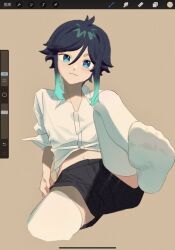 Rule 34 | 1boy, :3, androgynous, aqua eyes, aqua hair, art program in frame, black shorts, blue eyes, blue hair, blush, collared shirt, feet, foot focus, foot up, foreshortening, genshin impact, hair between eyes, knee up, leaning back, looking at viewer, male focus, midriff, multicolored hair, navel, no shoes, presenting foot, shirt, short hair with long locks, short shorts, shorts, sitting, soles, solo, streaked hair, tcsalmon, thighhighs, toes, two-tone eyes, unfinished, venti (genshin impact), white shirt, white thighhighs