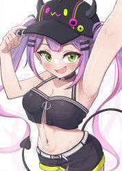 Rule 34 | 1girl, armpits, baseball cap, blush, breasts, collarbone, demon tail, ear piercing, fang, green eyes, hashira 14, hat, highres, hololive, large breasts, multicolored hair, navel, navel piercing, open mouth, piercing, pink hair, purple hair, shorts, smile, tail, tail ornament, tail piercing, tokoyami towa, two-tone hair, virtual youtuber