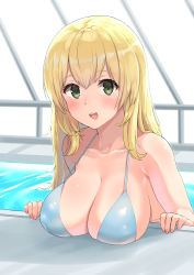 Rule 34 | 1girl, absurdres, atago (kancolle), bikini, blonde hair, blush, breast rest, breasts, character request, check character, green eyes, highres, in water, kantai collection, large breasts, long hair, looking at viewer, nail polish, open mouth, osananajimi neko, pool, smile, solo, swimsuit, water