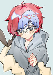 Rule 34 | 1girl, :&lt;, ahoge, bag, blue hair, closed mouth, creatures (company), game freak, glasses, grey eyes, grey hoodie, highres, hood, hoodie, long sleeves, maiiko9713, multicolored hair, nintendo, penny (pokemon), pokemon, pokemon sv, red hair, round eyewear, short hair, simple background, solo, triangle mouth, two-tone hair, white background