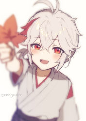 Rule 34 | 1boy, absurdres, aged down, antenna hair, azna, blurry, blurry foreground, blush, child, genshin impact, grey hair, hair between eyes, highres, holding, holding leaf, japanese clothes, kaedehara kazuha, leaf, looking at viewer, male focus, multicolored hair, open mouth, ponytail, red eyes, red hair, short ponytail, simple background, solo, streaked hair, twitter username