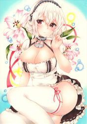 Rule 34 | 1girl, anchor, azur lane, blush, breasts, choker, cleavage, collarbone, dress, flower, hair between eyes, hairband, hand up, highres, lace-trimmed hairband, lace trim, large breasts, looking at viewer, puffy sleeves, red eyes, ribbon, ribbon-trimmed legwear, ribbon trim, saya pr, short hair, short sleeves, sidelocks, sirius (azur lane), sitting, solo, thighhighs, white hair, white thighhighs