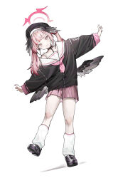 Rule 34 | 1girl, absurdres, alver, black shirt, blue archive, closed mouth, full body, halo, highres, koharu (blue archive), leaning to the side, long sleeves, low wings, pink eyes, pink hair, pink skirt, shirt, shoes, simple background, skirt, smile, socks, solo, standing, standing on one leg, twintails, white background, white socks, winged hat, wings