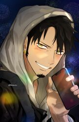 Rule 34 | 1boy, alternate costume, black hair, black jacket, blush, casual, earrings, facial hair, fireworks, goatee, grin, highres, holding, holding phone, hood, hood up, hoodie, jacket, jewelry, light particles, long sideburns, looking at viewer, male focus, mxhxkxcx, night, one piece, phone, short hair, sideburns, smile, solo, trafalgar law, twitter username, white jacket, yellow eyes
