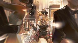 Rule 34 | 1girl, animal ears, arknights, bare shoulders, black dress, black gloves, black headwear, blonde hair, breasts, buzhidaojiaoshenmekoua, candlestand, cleavage, cup, dress, drinking glass, elbow gloves, gloves, hair between eyes, hand up, hat, highres, holding, holding cup, indoors, long hair, mini hat, official alternate costume, sleeveless, sleeveless dress, small breasts, solo focus, sora (melodiosa) (arknights), wine glass, wolf ears, wolf girl
