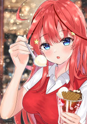 Rule 34 | 1girl, :o, absurdres, ahoge, arm up, blue eyes, blurry, blurry background, blush, breasts, collared shirt, commentary, crossed bangs, food, go-toubun no hanayome, hair ornament, hand up, highres, holding, holding food, holding spoon, incoming food, long hair, looking at viewer, medium breasts, nail polish, nakano itsuki, open mouth, parfait, pink nails, rain sunny, red hair, red sweater, shirt, short sleeves, sidelocks, solo, spoon, star (symbol), star hair ornament, sweater, upper body, white shirt