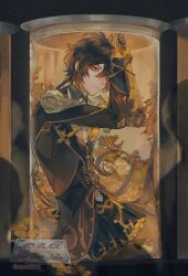 Rule 34 | 1boy, arms up, black gloves, black hair, brown hair, closed mouth, cropped legs, display case, expressionless, genshin impact, gloves, gold trim, hair between eyes, highres, jacket, jewelry, long hair, long sleeves, looking at viewer, male focus, multicolored hair, shuzai233, solo, tassel, twitter username, yellow eyes, zhongli (genshin impact)