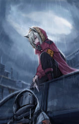 Rule 34 | 1girl, 1other, animal ears, arknights, black pants, building, coat, commentary request, fur-trimmed hood, fur trim, grey hair, highres, hood, hooded coat, hooded jacket, jacket, knife, mask around neck, outdoors, pants, projekt red (arknights), rain, red jacket, reunion soldier (arknights), white coat, wolf ears, wolf girl, xian yu mo ren, yellow eyes