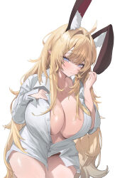 Rule 34 | 1girl, absurdres, animal ear fluff, animal ears, blonde hair, blue eyes, breasts, cleavage, commentary request, highres, large breasts, long hair, looking at viewer, messy hair, original, pointy ears, rabbit ears, rabbit girl, rabii, rima (0136), simple background, solo, thighs, unbuttoned, very long hair, white background