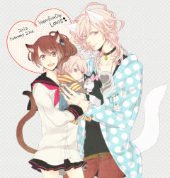 Rule 34 | 1boy, 1girl, animal, animal ears, asahina louis, baby, birthday, brothers conflict, brown eyes, cat ears, cat girl, cat tail, couple, dual persona, happy birthday, hinata ema, pink eyes, pink hair, ri no hito, school uniform, smile, squirrel, tail, text focus, uniform