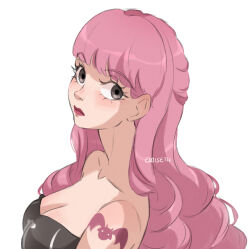 Rule 34 | 1girl, arm tattoo, black dress, blunt bangs, commentary, dress, drill hair, eiriseth, english commentary, eyelashes, grey eyes, highres, long hair, one piece, perona, pink hair, pink lips, profile, simple background, solo, strapless, strapless dress, tattoo, upper body, white background