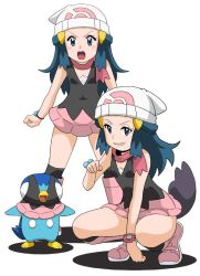Rule 34 | 2girls, bare legs, blue eyes, blue hair, blush, breasts, cosplay, creatures (company), dawn (pokemon), dawn (pokemon) (cosplay), disguised zorua, embarrassed, game freak, gen 4 pokemon, gen 5 pokemon, hair ornament, hairclip, hat, hirotaka (hrtk990203), looking at viewer, multiple girls, naughty face, nintendo, piplup, pokemon, pokemon: zoroark: master of illusions, pokemon (anime), pokemon dppt (anime), red scarf, scarf, simple background, skirt, small breasts, squatting, standing, tail, transformation, zorua