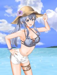 Rule 34 | 1girl, :d, adjusting clothes, adjusting headwear, bare shoulders, bikini, blue bikini, blue eyes, blue hair, blue nails, blue sky, blush, bracelet, breasts, brown hat, cleavage, cloud, collarbone, commentary request, day, gotland (kancolle), hand on own hip, hat, highres, jewelry, kantai collection, leaning forward, long hair, medium breasts, midriff, mole, mole under eye, nail polish, navel, ocean, open mouth, outdoors, ponytail, sidelocks, sky, smile, solo, sparkle, sun hat, swimsuit, tanissy, thigh strap, very long hair