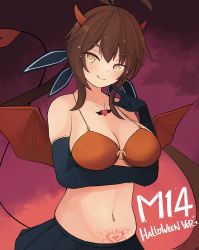 Rule 34 | 1girl, alternate hairstyle, antenna hair, arm under breasts, b6 (b6 n2), black gloves, black skirt, bra, breast hold, breasts, brown hair, character name, closed mouth, commentary request, elbow gloves, girls&#039; frontline, gloves, hair ornament, halloween, halloween costume, halterneck, hand up, heart, heart necklace, heart tail, heart tattoo, highres, horns, jewelry, long hair, looking at viewer, m14 (girls&#039; frontline), navel, necklace, no shirt, o-ring, o-ring top, orange bra, pleated skirt, pubic tattoo, skirt, solo, tail, tattoo, tongue, tongue out, twintails, underwear, very long hair, winged heart, yellow eyes