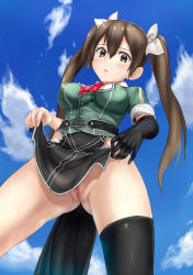 Rule 34 | 10s, 1girl, black gloves, black thighhighs, blue sky, blush, breasts, brown eyes, brown hair, censored, clothes lift, cloud, covered erect nipples, day, elbow gloves, from below, gloves, gradient background, hair ribbon, jilllxlxl, kantai collection, long hair, looking down, medium breasts, mosaic censoring, no panties, pelvic curtain, pelvic curtain lift, pussy, ribbon, single elbow glove, single thighhigh, sky, solo, sweat, thighhighs, tone (kancolle), tone kai ni (kancolle), twintails