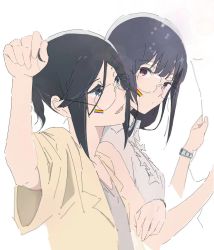 Rule 34 | 2girls, black hair, blue eyes, blue hair, collared shirt, glasses, grey shirt, hand up, hibike! euphonium, highres, holding, holding paper, kasaki nozomi, liz to aoi tori, long hair, looking at another, multiple girls, orohachi, paper, parted lips, pink eyes, ponytail, shirt, short sleeves, simple background, sleeveless, sleeveless shirt, smile, watch, white background, white shirt, yellow shirt, yoroizuka mizore