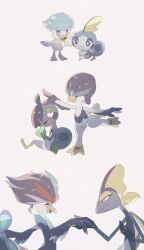 Rule 34 | absurdres, aya (ayamenora), beak, bird, blue eyes, blue hair, closed eyes, closed mouth, colored skin, commentary, creatures (company), drizzile, duck, evolutionary line, game freak, gen 8 pokemon, handshake, highres, inteleon, nintendo, pokemon, pokemon (creature), quaquaval, quaxly, quaxwell, simple background, sitting, sobble, standing, standing on one leg, symbol-only commentary, tail, tears, white background, white skin