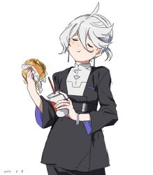 Rule 34 | 1girl, ahoge, blush, bracelet, burger, closed eyes, cup, dated, disposable cup, earrings, eating, fast food, food, formal, grey hair, gundam, gundam suisei no majo, highres, holding, holding cup, holding food, jewelry, miorine rembran, solo, takatisakana, upper body, white background