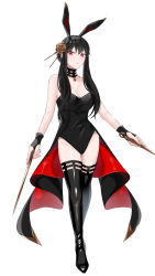 Rule 34 | 1girl, adapted costume, alternate costume, animal ears, black choker, black gloves, black hair, black leotard, black thighhighs, boots, breasts, choker, cleavage, dagger, dual wielding, fake animal ears, fingerless gloves, flower, full body, gloves, gold hairband, hair flower, hair ornament, hairband, highres, holding, holding dagger, holding knife, holding weapon, knife, large breasts, leotard, long hair, parted lips, rabbit ears, red eyes, solo, spikes, spy x family, stiletto (weapon), thigh boots, thighhighs, thighs, tyaaaaaaba, weapon, yor briar