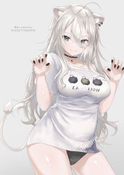 Rule 34 | 1girl, animal ears, black choker, black nails, black panties, bra strap, breasts, choker, closed mouth, collared shirt, commentary, contrapposto, ear piercing, fang, fang out, fingernails, grey eyes, grey hair, hair between eyes, highres, hololive, jewelry, large breasts, lion ears, lion girl, long hair, loose clothes, loose shirt, messy hair, mr.canaryy, nail polish, necklace, no pants, official alternate costume, official alternate hair length, official alternate hairstyle, panties, piercing, shirt, shishiro botan, shishiro botan (casual), sidelocks, single bare shoulder, smile, solo, taut clothes, taut shirt, underwear, very long hair, virtual youtuber, w arms, white shirt