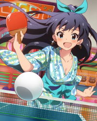 Rule 34 | 10s, 1girl, :d, aqua eyes, ball, black hair, blue kimono, blush, bracelet, breasts, character name, cleavage, earrings, fang, ganaha hibiki, idolmaster, idolmaster (classic), idolmaster million live!, japanese clothes, jewelry, kimono, long hair, looking at viewer, medium breasts, official art, open mouth, paddle, ponytail, smile, solo, table tennis, table tennis ball, table tennis paddle, yukata