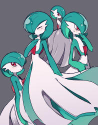 Rule 34 | 1girl, bare shoulders, blush, bob cut, closed eyes, closed mouth, colored skin, creatures (company), dress, female focus, flat chest, from behind, from side, game freak, gardevoir, gen 3 pokemon, green hair, green skin, grey background, hair over one eye, hand on own chest, hand to own mouth, hand up, happy, highres, light blush, looking back, mega gardevoir, mega pokemon, milk (milk319319), multicolored skin, multiple views, nintendo, one eye covered, pokemon, pokemon (creature), profile, short hair, simple background, sketch, standing, strapless, strapless dress, sweat, two-tone skin, white dress, white skin