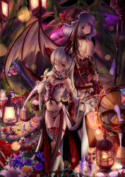 Rule 34 | absurdres, alternate costume, bare back, bare shoulders, bat wings, blonde hair, blue flower, blurry, bokeh, boots, bow, breasts, bug, bustier, butterfly, choker, cleavage, cross, cross-laced footwear, cross necklace, crown, depth of field, detached sleeves, flandre scarlet, flower, frilled choker, frills, gloves, hat, hat bow, highres, insect, jewelry, knee boots, lace-up boots, lantern, light, light purple hair, lily (flower), long hair, long skirt, looking at viewer, looking back, mob cap, mushroom, navel, necklace, one eye closed, open clothes, open skirt, partially fingerless gloves, plant, pubic tattoo, purple flower, red bow, red eyes, red flower, remilia scarlet, rose, saucer, seelehan, short hair, siblings, sisters, skirt, slit pupils, stone, tagme, tattoo, teapot, thong, touhou, vampire, vines, white flower, white footwear, white gloves, wide sleeves, wings