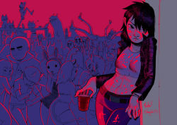 Rule 34 | 2017, against wall, aged up, bald, belt, covered eyes, crop top, cropped jacket, crowd surfing, cup, dancing, denim, disposable cup, drink, gorillaz, halloween, horns, jeans, magnta, mask, midriff, monster, multiple boys, multiple girls, no pupils, noodle (gorillaz), oni horns, open mouth, paint splatter, panties, pants, pantyshot, party, rabbit mask, russel hobbs, signature, smile, solo focus, standing, stuart pot, thick eyebrows, toned, underwear