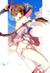 Rule 34 | 1girl, animal hair ornament, bloomers, blue sky, braid, braided ponytail, brown hair, cloud, detached sleeves, douluo dalu, from side, fur cuffs, hair tie, highres, index finger raised, looking at viewer, open mouth, pink eyes, pom pom (clothes), rabbit tail, sky, solo, tail, teeth, underwear, xiao wu (douluo dalu), yong (weibo)