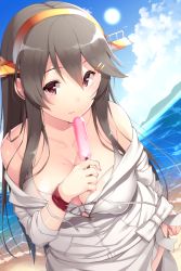 Rule 34 | 10s, 1girl, ayuteisyoku, bikini, bikini under clothes, black hair, breasts, cleavage, cloud, cloudy sky, covered erect nipples, day, dutch angle, food, food on body, hair ornament, hairband, hairclip, haruna (kancolle), headgear, huge breasts, jacket, kantai collection, long hair, melting, ocean, outdoors, popsicle, shore, sky, solo, swimsuit, swimsuit under clothes