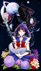 Rule 34 | 4girls, baby, bishoujo senshi sailor moon, black hair, black shirt, blue skirt, bow, brooch, choker, crying, earrings, elbow gloves, flower, gloves, highres, holding, holding polearm, holding spear, holding weapon, ike (eun2ke), jewelry, long hair, looking at viewer, mistress 9, multiple girls, multiple persona, name connection, object namesake, pantyhose, pleated skirt, polearm, purple eyes, purple hair, red bow, red flower, red rose, rose, sailor collar, sailor saturn, saturn (planet), shirt, short hair, silence glaive, skirt, smile, spear, star brooch, tears, tiara, tomoe hotaru, weapon, white gloves