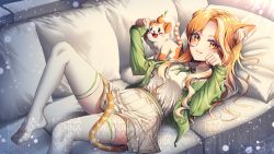 Rule 34 | 1girl, animal, animal ear fluff, animal ears, blush, breasts, brown eyes, brown hair, cat, cat ears, cat girl, cat tail, closed mouth, collared shirt, commentary request, commission, couch, fang, fang out, feet out of frame, green jacket, green ribbon, hands up, highres, jacket, knee up, korean commentary, long hair, lying, menna (0012), neck ribbon, no shoes, on back, on couch, open clothes, open jacket, original, parted bangs, pillow, pinching sleeves, pleated skirt, ribbon, shirt, skirt, small breasts, smile, solo, striped tail, tail, thighhighs, watermark, white shirt, white skirt, white thighhighs