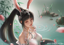 Rule 34 | 1girl, absurdres, bare shoulders, black hair, breasts, closed mouth, douluo dalu, dress, falling petals, fog, grass, hair ornament, highres, long hair, medium breasts, petals, pink dress, pink eyes, ripples, rock, second-party source, smile, solo, upper body, water, xiao wu (douluo dalu), yi zhi xigua da you tian