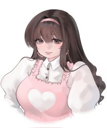 Rule 34 | 1girl, blush, breasts, brown hair, collarbone, corrupted twitter file, dress, headband, highres, juliet sleeves, long hair, long sleeves, looking at viewer, medium breasts, missuscrim, original, pink dress, pink eyes, pink headband, portrait, puffy sleeves, shirt, smile, solo, white background, white shirt