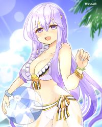 Rule 34 | 1girl, :d, ball, beachball, bead bracelet, beads, bikini, blue sky, blush, bracelet, breasts, circlet, cleavage, cloud, cloudy sky, commentary, cowboy shot, day, fire emblem, fire emblem: genealogy of the holy war, frilled bikini, frills, hair between eyes, holding, holding ball, holding beachball, jewelry, julia (fire emblem), lens flare, long hair, looking at viewer, medium breasts, midriff, nail polish, navel, nintendo, open mouth, outdoors, palm tree, purple eyes, purple hair, sarong, see-through, sky, smile, solo, sunlight, swimsuit, thighs, tree, twitter username, white bikini, white nails, yukia (firstaid0)