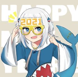 Rule 34 | 1girl, 2021, animal costume, blue eyes, blue hair, blue hoodie, blue nails, blunt bangs, blush, fins, fish tail, gawr gura, gawr gura (1st costume), glasses, hair ornament, happy new year, highres, hololive, hololive english, hood, hoodie, inuzuka nr, looking at viewer, medium hair, multicolored hair, nail polish, new year, open mouth, shark costume, shark girl, shark hair ornament, shark tail, sharp teeth, silver hair, smile, solo, streaked hair, tail, teeth, two side up, virtual youtuber, wide sleeves