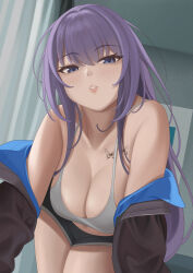 Rule 34 | 1girl, absurdres, bare shoulders, black shorts, blue eyes, blush, borrowed character, breasts, butterfly tattoo, chest tattoo, cleavage, collarbone, dolphin shorts, grey sports bra, highres, large breasts, long hair, long sleeves, looking at viewer, off shoulder, original, purple hair, quatthro, short shorts, shorts, solo, sports bra, tattoo, thighs, yuna (biya (1024))
