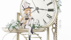 Rule 34 | 1girl, absurdres, afa, ammunition pouch, arm support, conductor baton, bird, blonde hair, blue eyes, boots, bracelet, breasts, character name, check commentary, clock, commentary request, dress, flower, frilled sleeves, frills, girls&#039; frontline, gun, hair between eyes, hand on own chin, handgun, hat, highres, holding, holding gun, holding weapon, hummingbird, jewelry, knee up, kolibri, kolibri (girls&#039; frontline), long hair, pantyhose, pocket watch, pouch, sleeves past wrists, small breasts, smile, solo, thigh strap, watch, weapon, wide sleeves