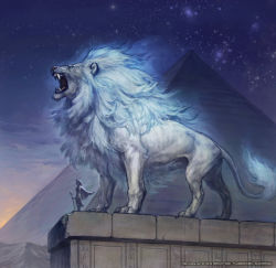 Rule 34 | blue theme, fangs, from side, g.river, lion, mane, night, night sky, no humans, open mouth, original, pyramid (structure), sculpture, sky, stone, sunset, twilight, watermark, web address