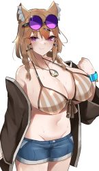 Rule 34 | 1girl, animal ear fluff, animal ears, arknights, bikini, bikini top only, blue shorts, blush, bracelet, breasts, brown hair, cleavage, commentary request, cowboy shot, denim, denim shorts, eyewear on head, fang, hair ornament, hairclip, hand up, highres, huge breasts, jewelry, looking at viewer, navel, necklace, official alternate costume, purple eyes, short hair, shorts, simple background, skin fang, smile, solo, striped bikini, striped clothes, sunglasses, sweat, swimsuit, swimsuit cover-up, unknownnoname0, utage (arknights), utage (summer flowers) (arknights), white background