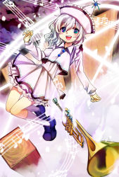 Rule 34 | 1girl, aqua eyes, bad id, bad pixiv id, bass clef, beamed quavers, blue eyes, female focus, flat sign, flying, full body, hat, instrument, merlin prismriver, multicolored eyes, musical note, open mouth, petticoat, pink hair, short hair, smile, solo, staff (music), touhou, treble clef, trumpet, white hair, zanunoneko