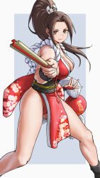 Rule 34 | 1girl, absurdres, bare shoulders, breasts, brown eyes, brown hair, cleavage, commentary, fatal fury, folded fan, folding fan, hand fan, high ponytail, highres, japanese clothes, large breasts, long hair, looking at viewer, ninja, pelvic curtain, ponytail, revealing clothes, rope, shiranui mai, smile, solo, the king of fighters, thighs, x chitch