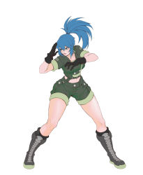 Rule 34 | 1girl, black gloves, blue eyes, blue hair, boots, earrings, fighting stance, full body, gloves, green jacket, green shorts, highres, jacket, jewelry, leona heidern, lips, mackenziko, military, military uniform, ponytail, shorts, snk, solo, the king of fighters, thick lips, thighs, uniform, white background