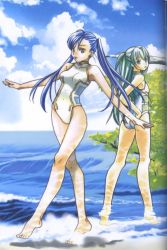 Rule 34 | 00s, 2girls, aika granzchesta, alice carroll, amano kozue, aria (manga), barefoot, beach, blue hair, casual one-piece swimsuit, day, feet, green hair, long hair, looking back, multiple girls, ocean, one-piece swimsuit, outdoors, outstretched arms, ponytail, reflection, scan, spread arms, swimsuit, toes, tree, twintails, wading, water, waves