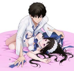 Rule 34 | 1boy, 1girl, alternate costume, arm support, artist logo, bare shoulders, bed sheet, bow, breasts, brown hair, chitanda eru, cleavage, closed mouth, eye contact, green eyes, hair between eyes, hairband, hetero, highres, hyouka, large breasts, long hair, looking at another, lying, mery (yangmalgage), navel, necktie, on side, oreki houtarou, parted lips, purple eyes, shorts, stomach, striped, striped bow, striped necktie, teeth, vertical-striped clothes, vertical-striped necktie, white background, white hairband, white shorts